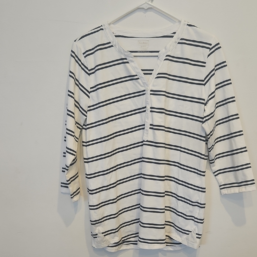 L.L. Bean Navy and White Striped Button Down Shirt
